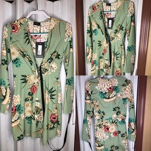 Sage Green Printed Long Sleeve Wrap Dress